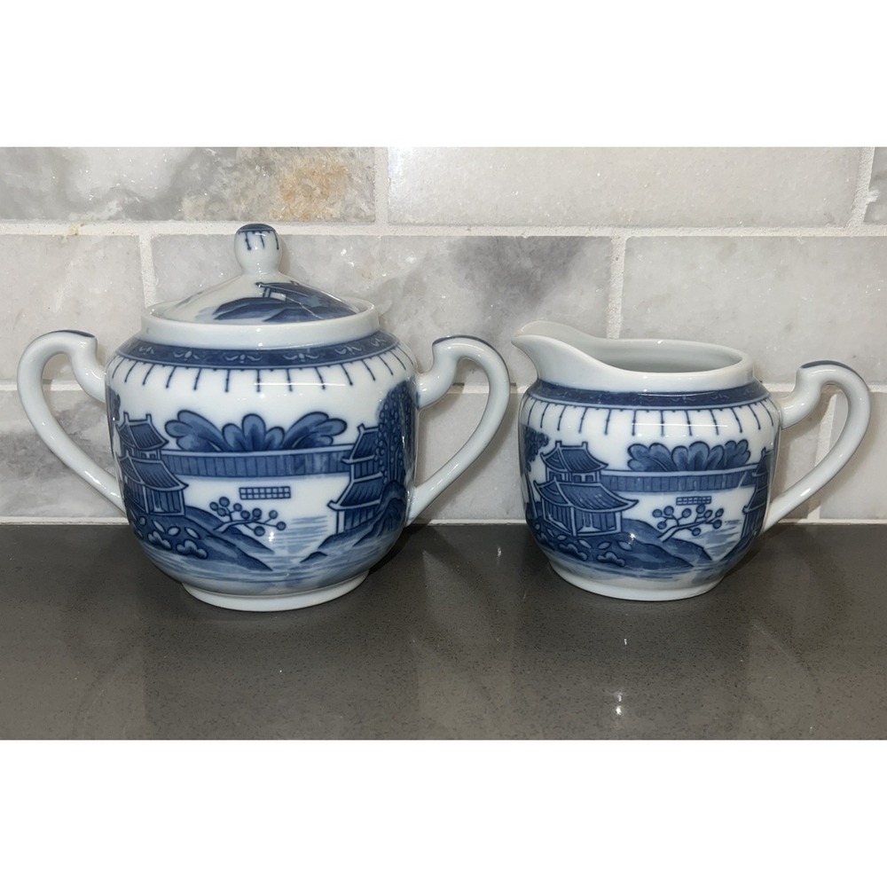 Vintage LJ Japan Blue & White Porcelain Creamer & Lidded Sugar Bowl Set